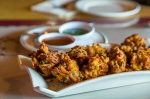 Plate of pakoras and two dips at Lachi Fine Indian Cuisine in Penticton